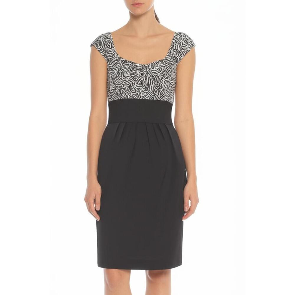 London Style 6 Sheath Dress‎ Black White Zebra Print Scoop Neck Stretch Modern